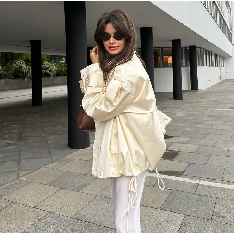Fashion Cropped Trench Coat Women Elegant Solid Lapel Lace Up Double-breasted Windbreaker Jacket Autumn Lady Chic Street Outwear