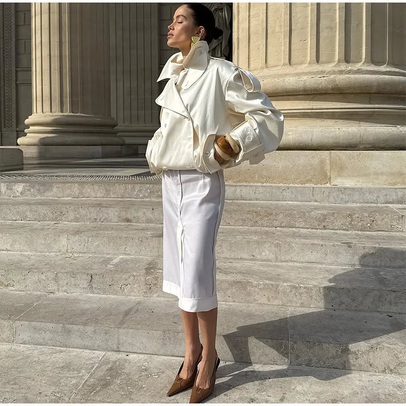 Fashion Cropped Trench Coat Women Elegant Solid Lapel Lace Up Double-breasted Windbreaker Jacket Autumn Lady Chic Street Outwear