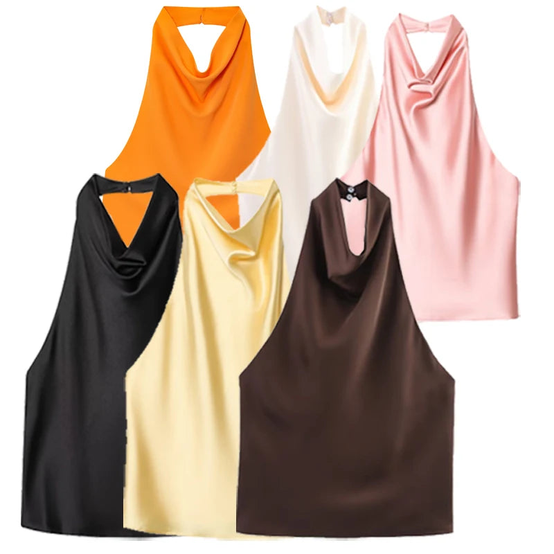 Women Satin Halter Top Summer Black Yellow Tanks & Camis Off Shoulder Crop Tank Top Fashion Sleeveless Backless Vests