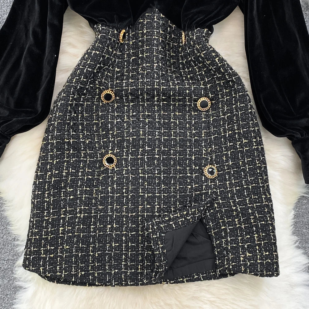 Elegant Long Sleeve Vintage Stand Collar Chic Velvet Spliced Coarse Tweed Slim A-line Dresses High Street Autumn Winter Clothing