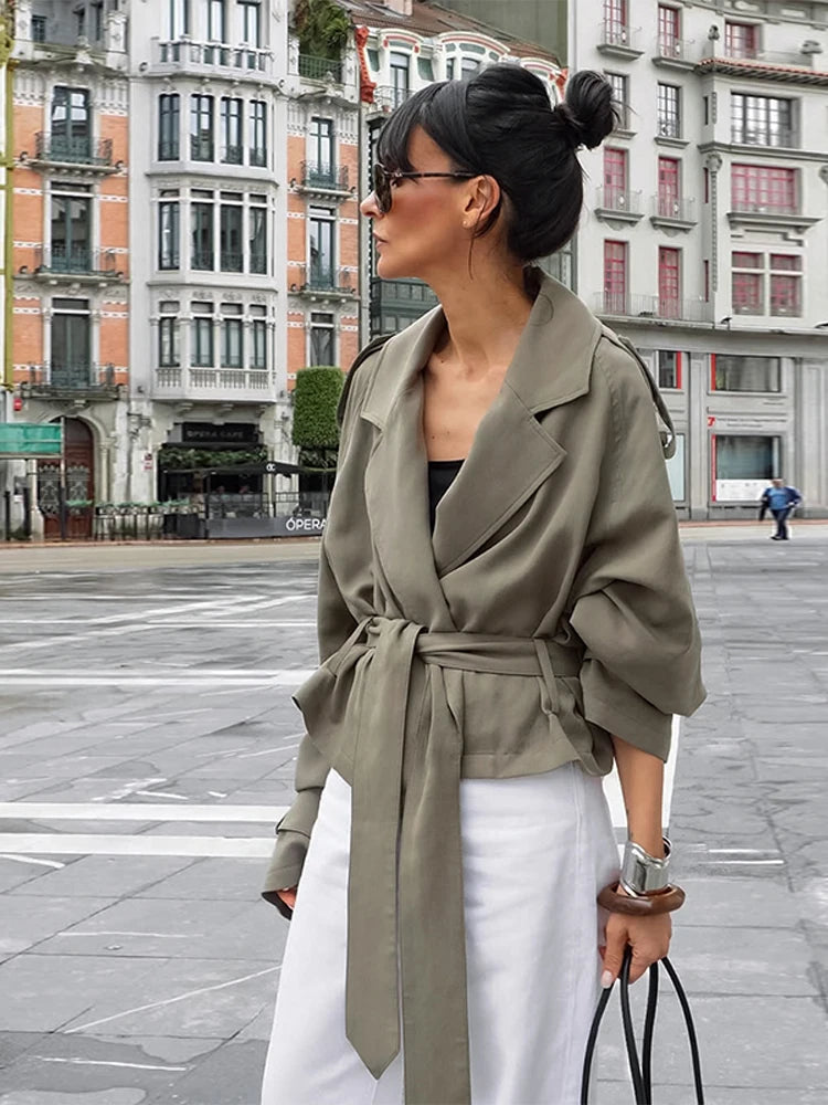 Fashion Cropped Trench Coat Women Elegant Solid Lapel Lace Up Double-breasted Windbreaker Jacket Autumn Lady Chic Street Outwear