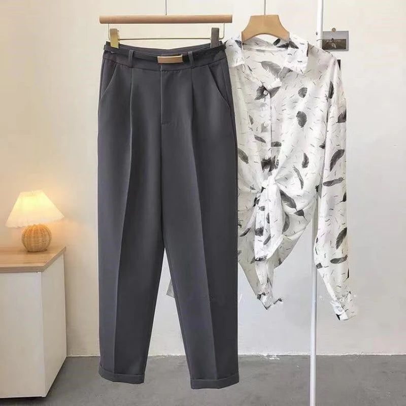 Elegant Summer Casual Pants Women Fashion Solid Color Sashes Slim Straight Trousers Chic Business Mujer Retro Belt.