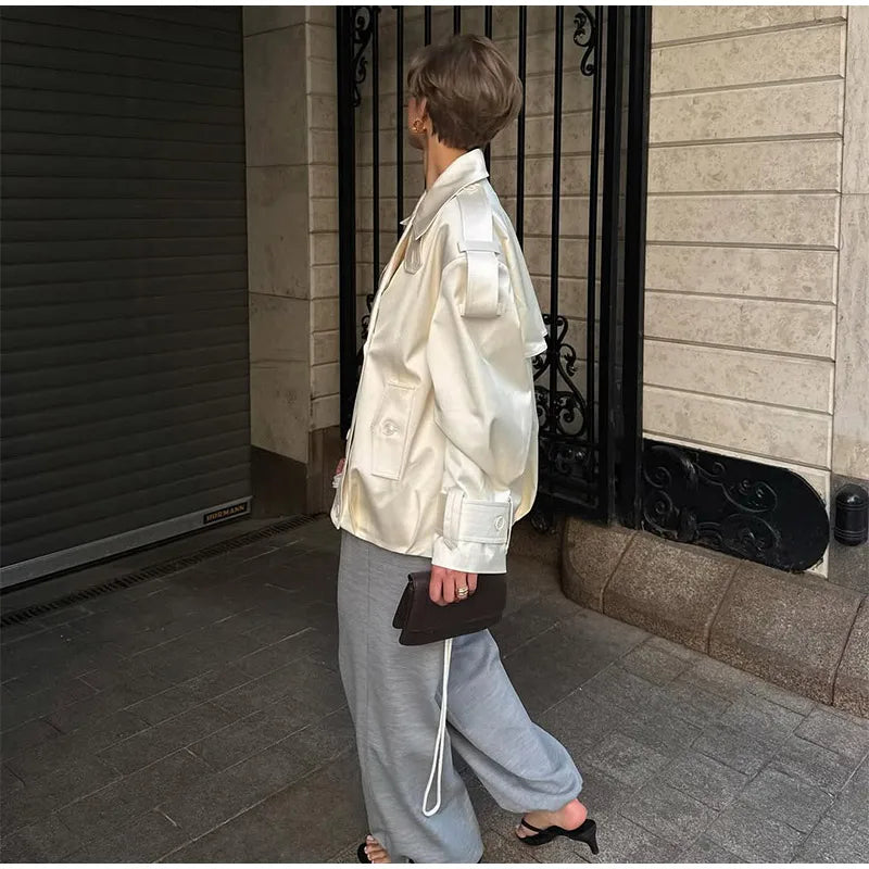 Fashion Cropped Trench Coat Women Elegant Solid Lapel Lace Up Double-breasted Windbreaker Jacket Autumn Lady Chic Street Outwear
