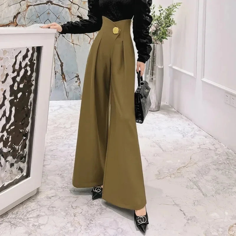 Elegant Office Lady Wide Leg Pants Design Flower Button High Waist Pantalones Baggy Spring Summer Straight Spodnie New