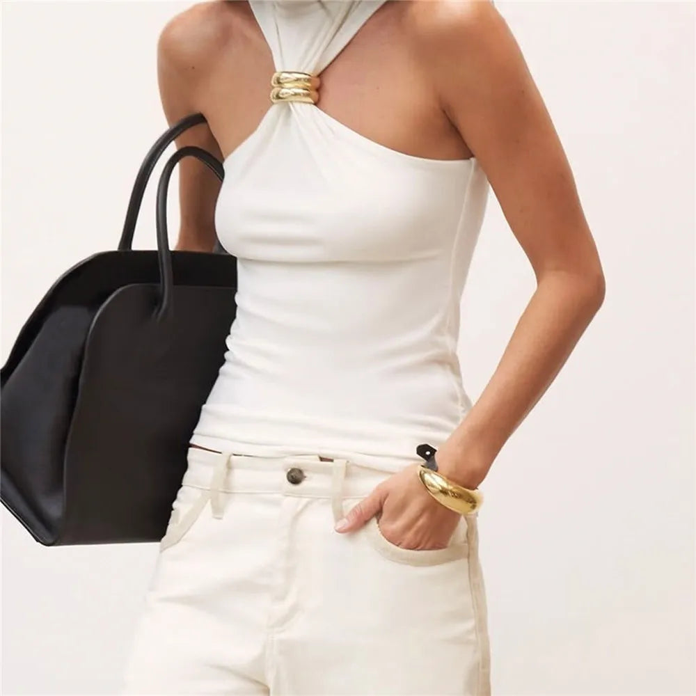 Women Halter Tops Twist Front Sexy Ring Pleated Tank Tops Turtleneck Dressy Sleeveless Summer Slim Fit Vest Streetwear 2025