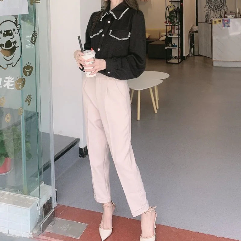 Elegant Summer Casual Pants Women Fashion Solid Color Sashes Slim Straight Trousers Chic Business Mujer Retro Belt.