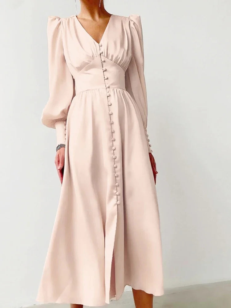 Elegant Fashion Single Breasted Dress for Women Party Robe High Waist Satin Long Dress Sexy Lantern Sleeve Chic Midi Dresses