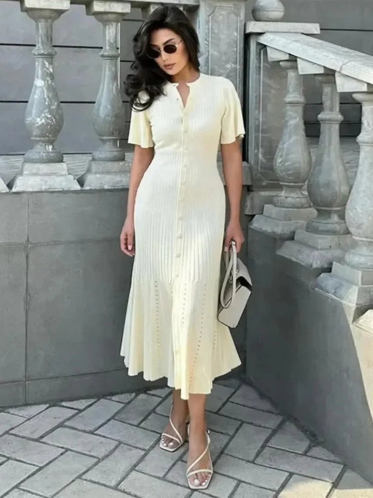 Elegant Knitted Dress Women Solid Single Breasted O Neck Short Sleeve High Waist Hip Package Dresses 2025 Autumn Chic Robes Lady