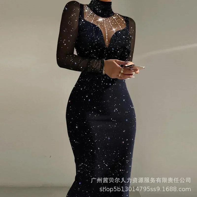 Women's Clothing Lace Splicing Long-sleeved Slim Long Dress High Waist Fashion Casual