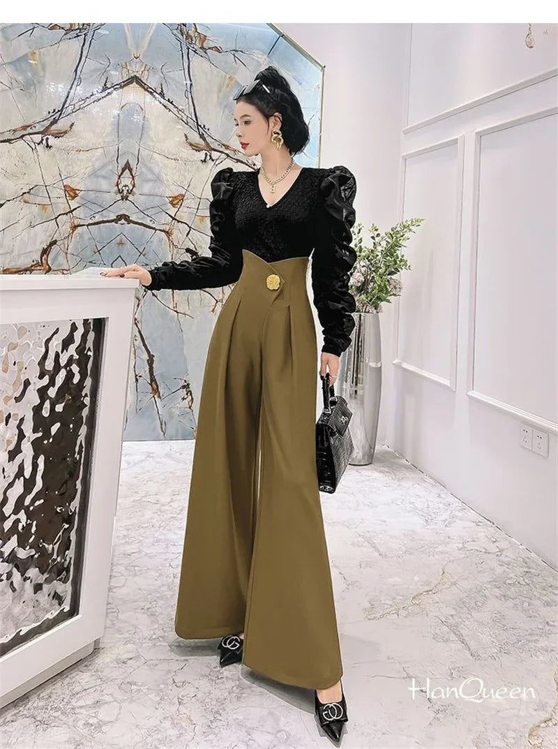 Elegant Office Lady Wide Leg Pants Design Flower Button High Waist Pantalones Baggy Spring Summer Straight Spodnie New