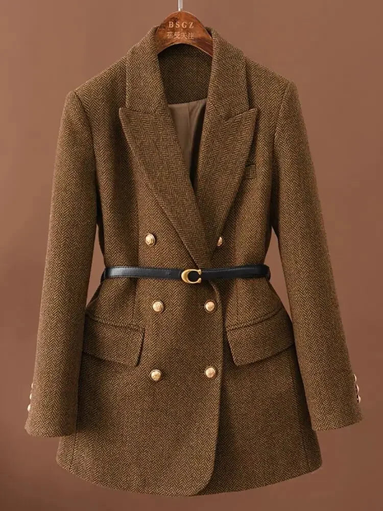 Seasonal Temperament Top Female Blazer Comes With Belt A Vintage Wool Jacket For Women Autumn And Winter