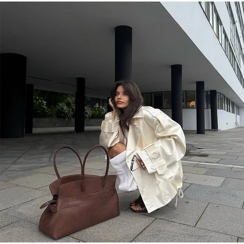Fashion Cropped Trench Coat Women Elegant Solid Lapel Lace Up Double-breasted Windbreaker Jacket Autumn Lady Chic Street Outwear