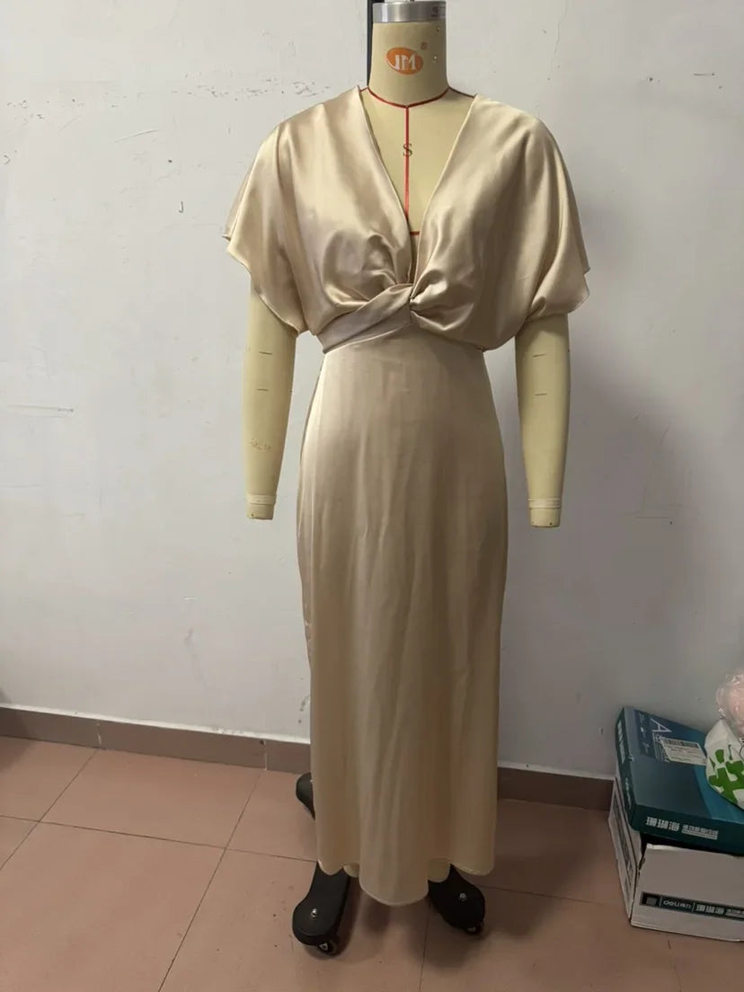 Fashion Sexy Satin Dress Women's Batwing Short Sleeve Wrap V-neck Twist Bodycon Midi Long Dresses Party High Street Dresses