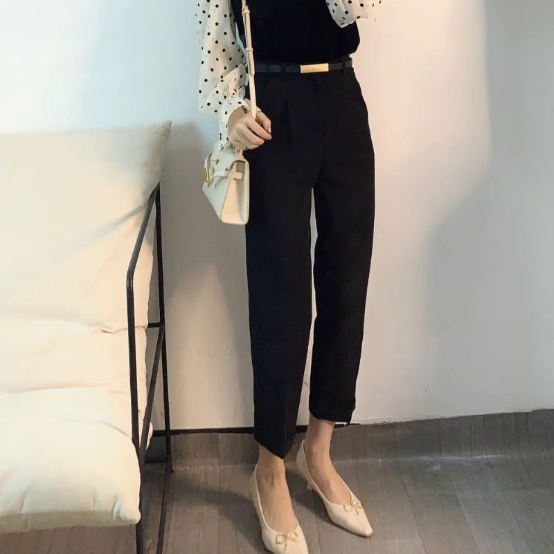Elegant Summer Casual Pants Women Fashion Solid Color Sashes Slim Straight Trousers Chic Business Mujer Retro Belt.
