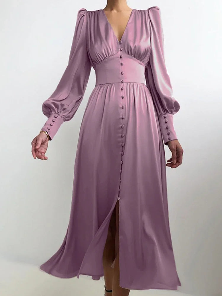 Elegant Fashion Single Breasted Dress for Women Party Robe High Waist Satin Long Dress Sexy Lantern Sleeve Chic Midi Dresses