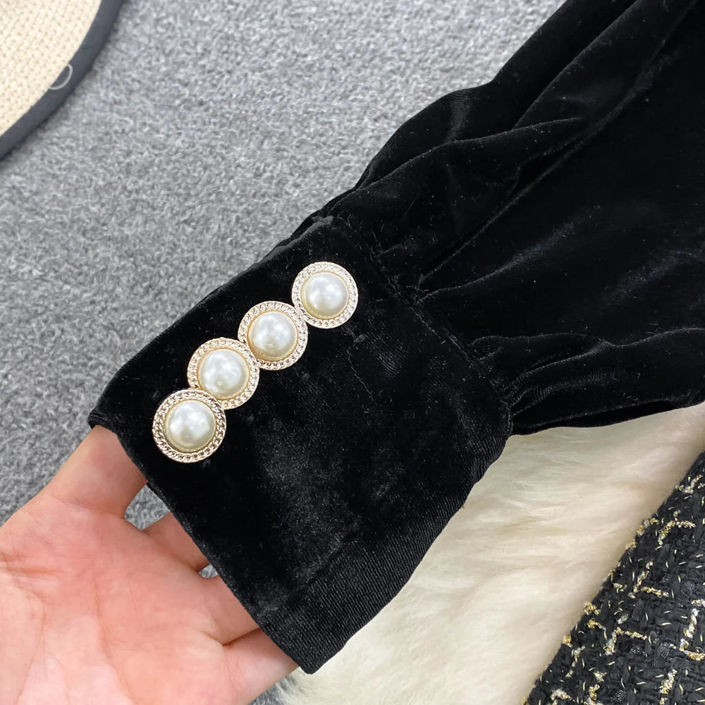 Elegant Long Sleeve Vintage Stand Collar Chic Velvet Spliced Coarse Tweed Slim A-line Dresses High Street Autumn Winter Clothing