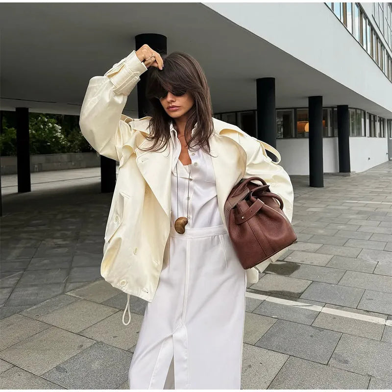 Fashion Cropped Trench Coat Women Elegant Solid Lapel Lace Up Double-breasted Windbreaker Jacket Autumn Lady Chic Street Outwear