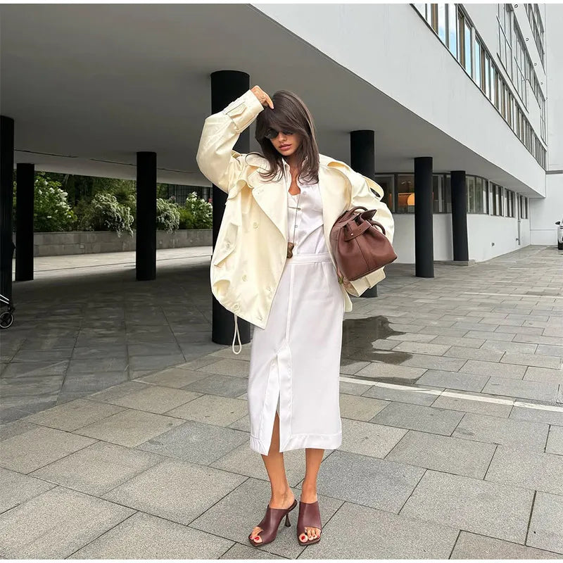 Fashion Cropped Trench Coat Women Elegant Solid Lapel Lace Up Double-breasted Windbreaker Jacket Autumn Lady Chic Street Outwear