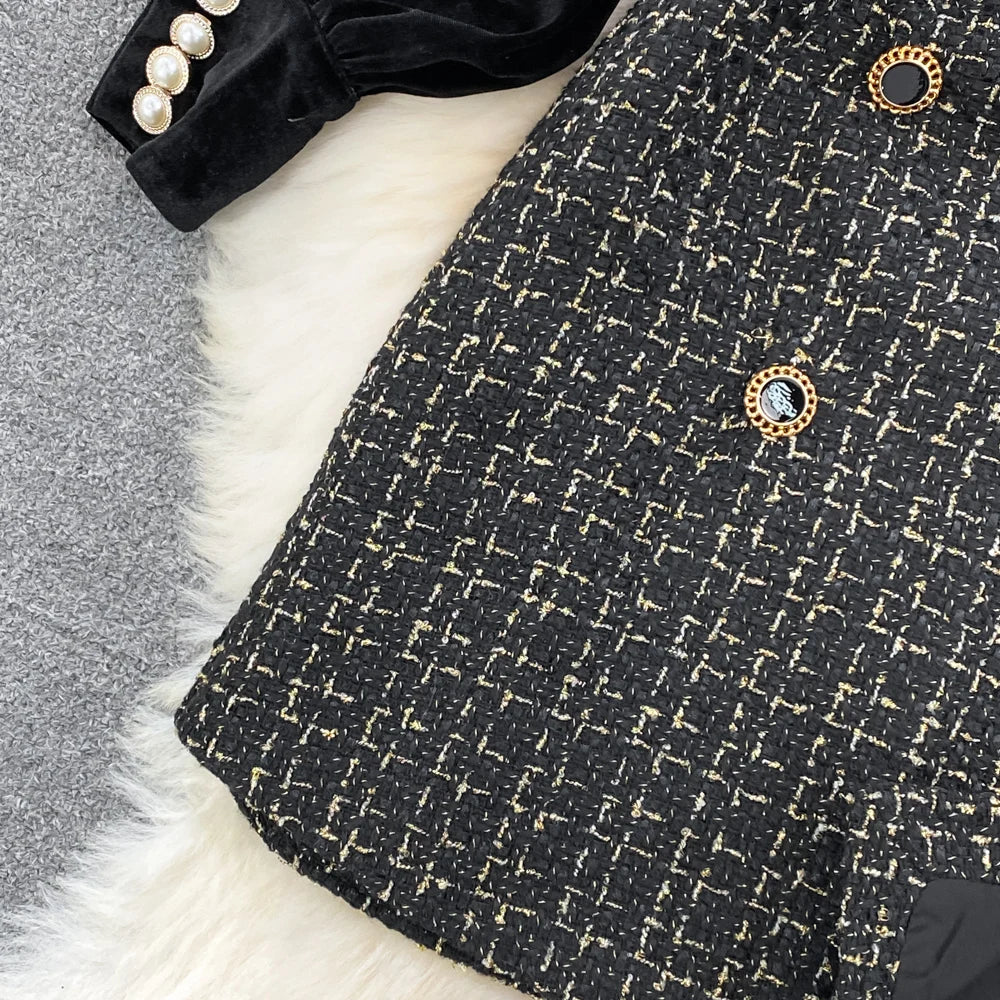 Elegant Long Sleeve Vintage Stand Collar Chic Velvet Spliced Coarse Tweed Slim A-line Dresses High Street Autumn Winter Clothing