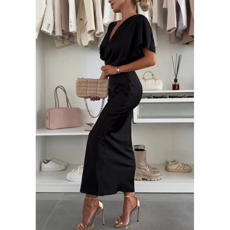 Fashion Sexy Satin Dress Women's Batwing Short Sleeve Wrap V-neck Twist Bodycon Midi Long Dresses Party High Street Dresses