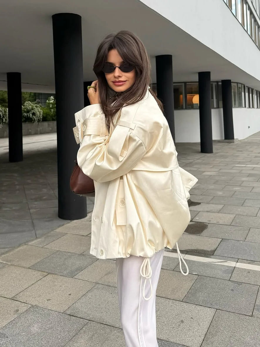 Fashion Cropped Trench Coat Women Elegant Solid Lapel Lace Up Double-breasted Windbreaker Jacket Autumn Lady Chic Street Outwear