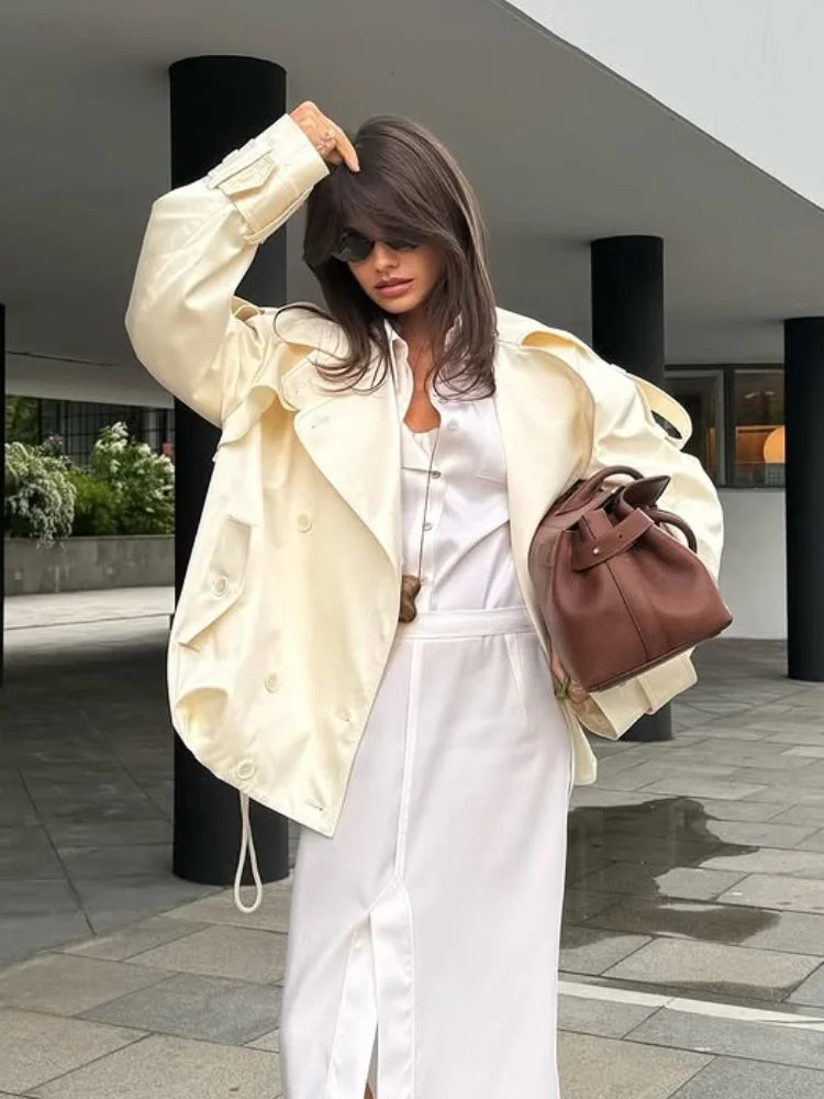 Fashion Cropped Trench Coat Women Elegant Solid Lapel Lace Up Double-breasted Windbreaker Jacket Autumn Lady Chic Street Outwear