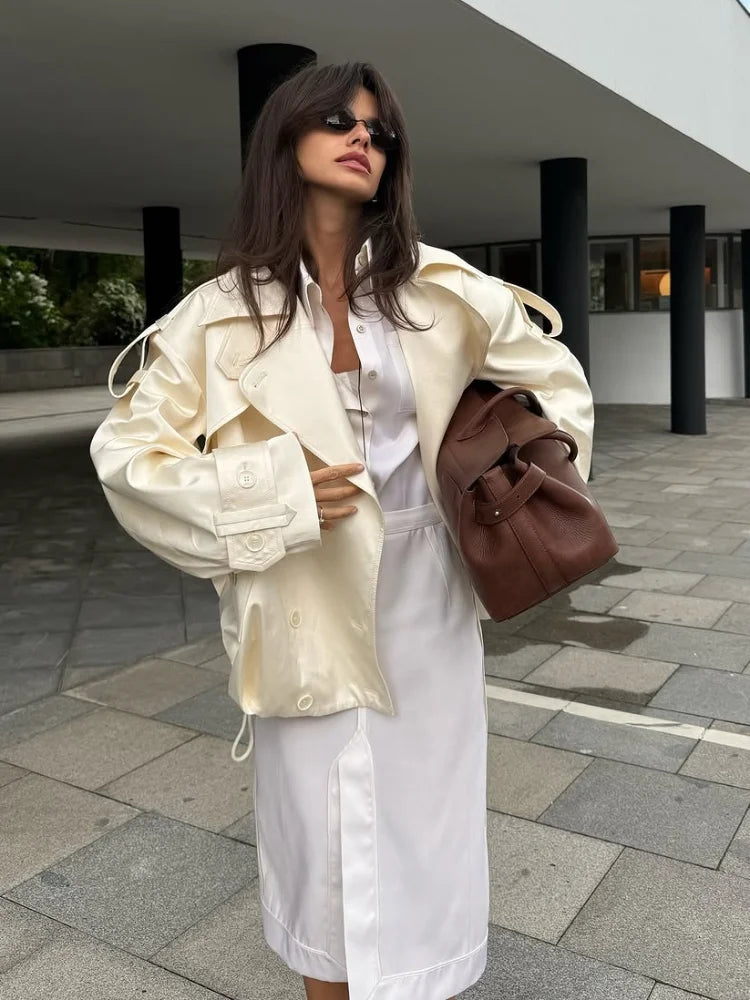 Fashion Cropped Trench Coat Women Elegant Solid Lapel Lace Up Double-breasted Windbreaker Jacket Autumn Lady Chic Street Outwear