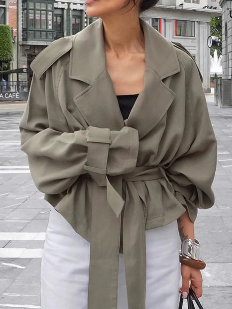 Fashion Cropped Trench Coat Women Elegant Solid Lapel Lace Up Double-breasted Windbreaker Jacket Autumn Lady Chic Street Outwear