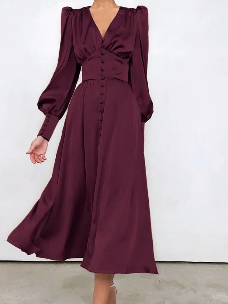 Elegant Fashion Single Breasted Dress for Women Party Robe High Waist Satin Long Dress Sexy Lantern Sleeve Chic Midi Dresses