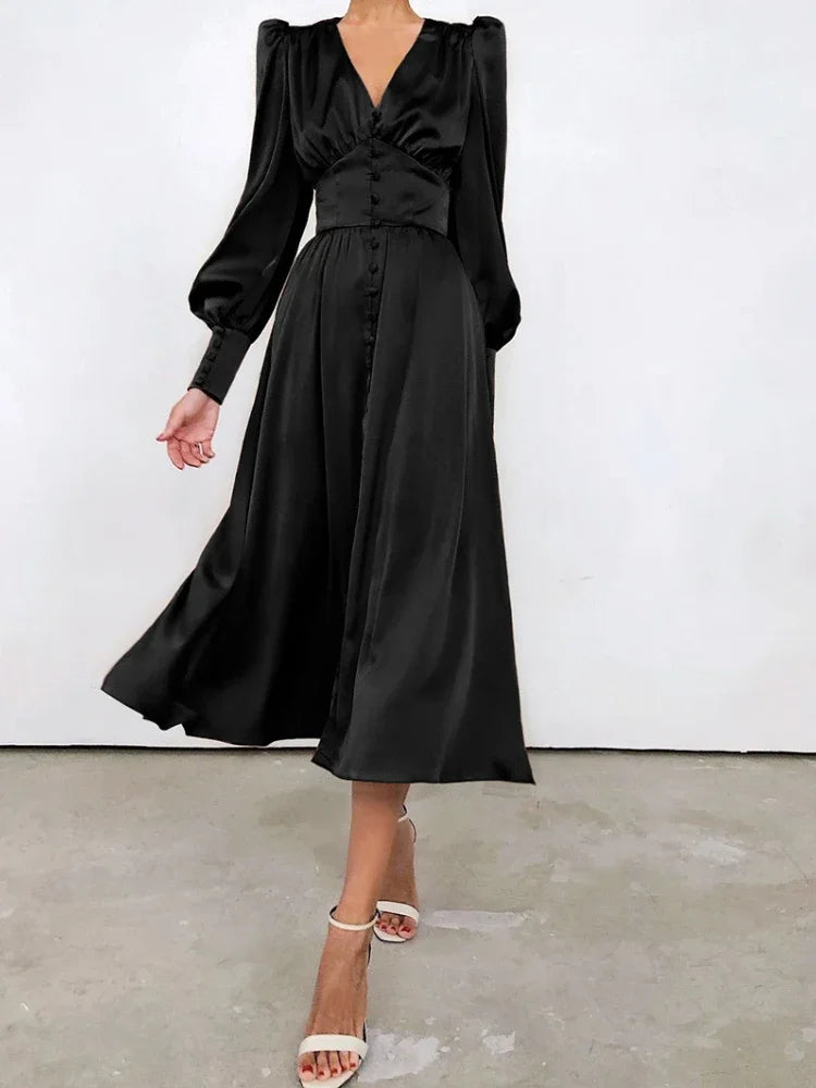 Elegant Fashion Single Breasted Dress for Women Party Robe High Waist Satin Long Dress Sexy Lantern Sleeve Chic Midi Dresses