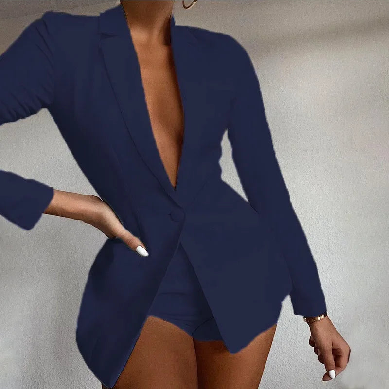 Two Piece Blazer Suit Elegant Office Lady Long Sleeve One Button Coat Jacket Shorts Set Outfits
