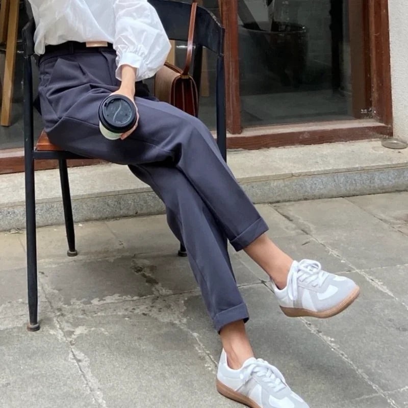 Elegant Summer Casual Pants Women Fashion Solid Color Sashes Slim Straight Trousers Chic Business Mujer Retro Belt.