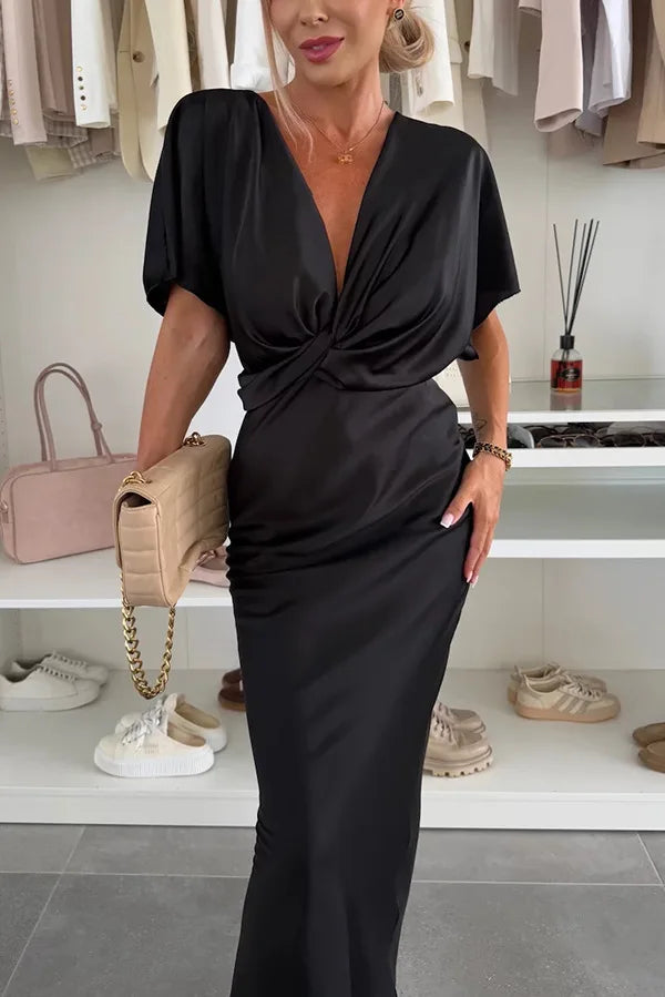 Fashion Sexy Satin Dress Women's Batwing Short Sleeve Wrap V-neck Twist Bodycon Midi Long Dresses Party High Street Dresses