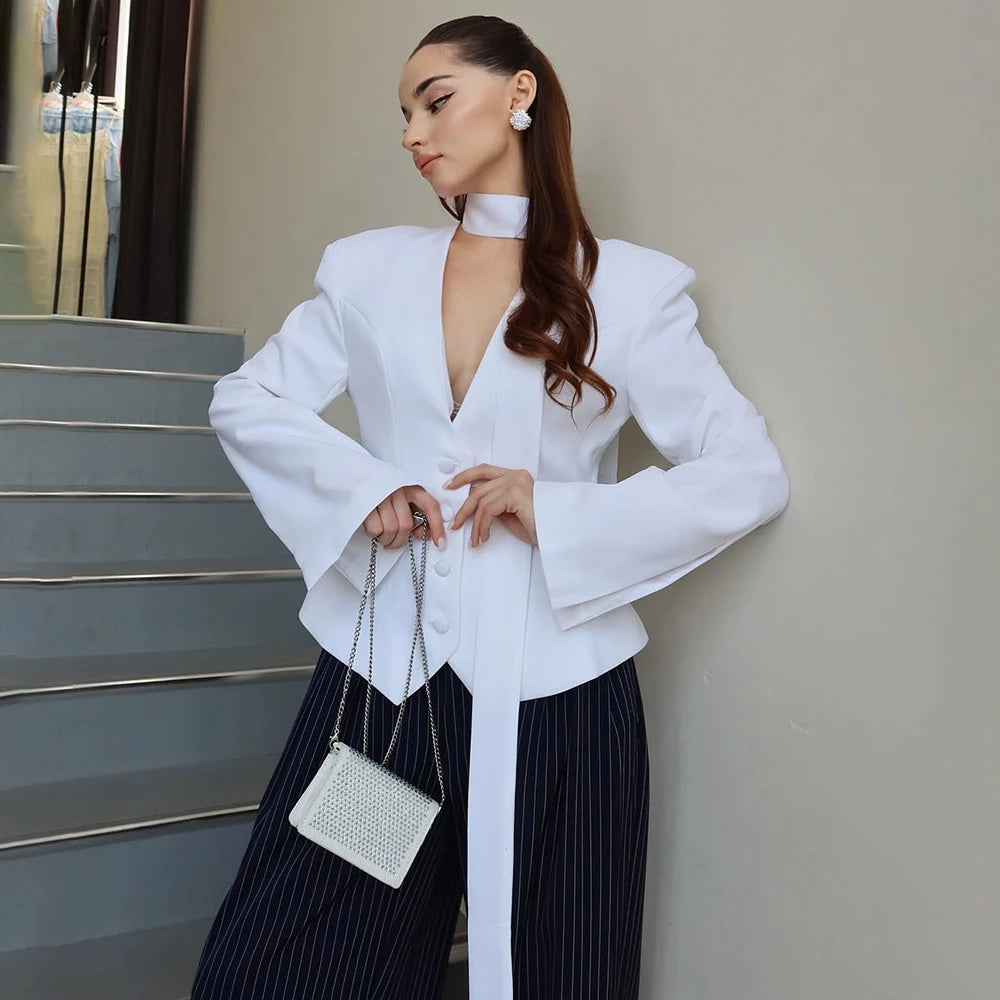 V Neck Scarf Blazer Jacket Women's Elegant Cinched Waist Single Casual Slim Blazers