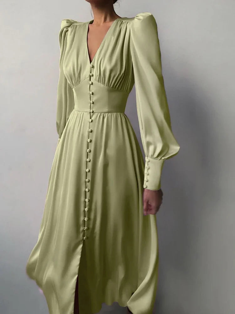 Elegant Fashion Single Breasted Dress for Women Party Robe High Waist Satin Long Dress Sexy Lantern Sleeve Chic Midi Dresses