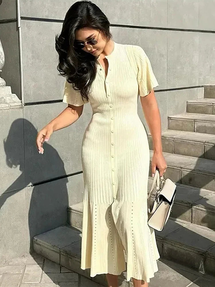 Elegant Knitted Dress Women Solid Single Breasted O Neck Short Sleeve High Waist Hip Package Dresses 2025 Autumn Chic Robes Lady