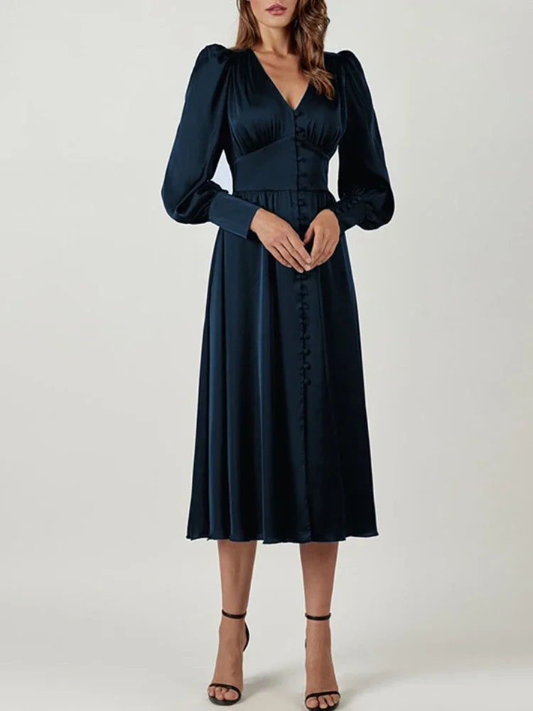 Elegant Fashion Single Breasted Dress for Women Party Robe High Waist Satin Long Dress Sexy Lantern Sleeve Chic Midi Dresses
