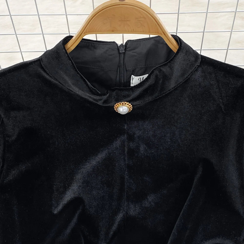 Elegant Long Sleeve Vintage Stand Collar Chic Velvet Spliced Coarse Tweed Slim A-line Dresses High Street Autumn Winter Clothing