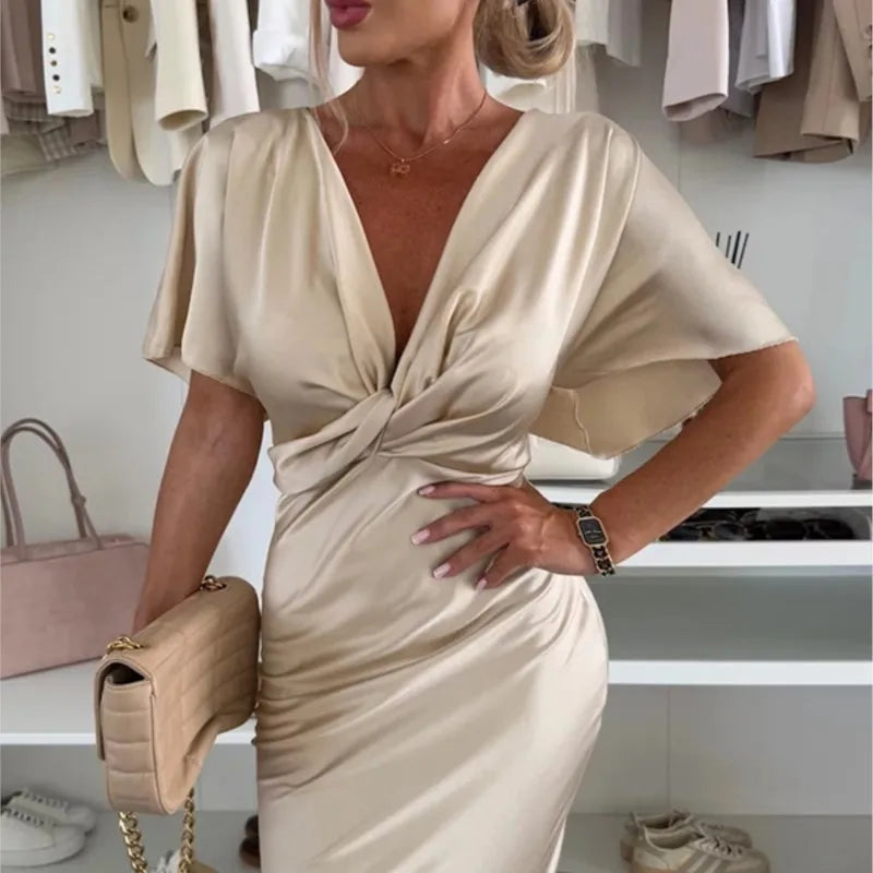 Fashion Sexy Satin Dress Women's Batwing Short Sleeve Wrap V-neck Twist Bodycon Midi Long Dresses Party High Street Dresses