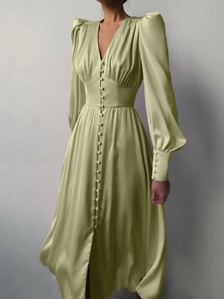 Elegant Fashion Single Breasted Dress for Women Party Robe High Waist Satin Long Dress Sexy Lantern Sleeve Chic Midi Dresses