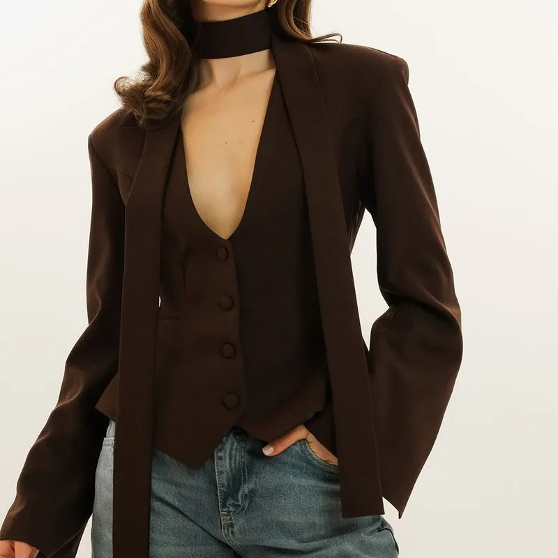 V Neck Scarf Blazer Jacket Women's Elegant Cinched Waist Single Casual Slim Blazers