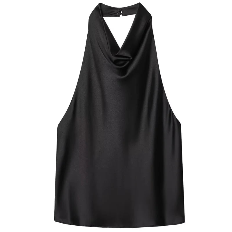 Women Satin Halter Top Summer Black Yellow Tanks & Camis Off Shoulder Crop Tank Top Fashion Sleeveless Backless Vests