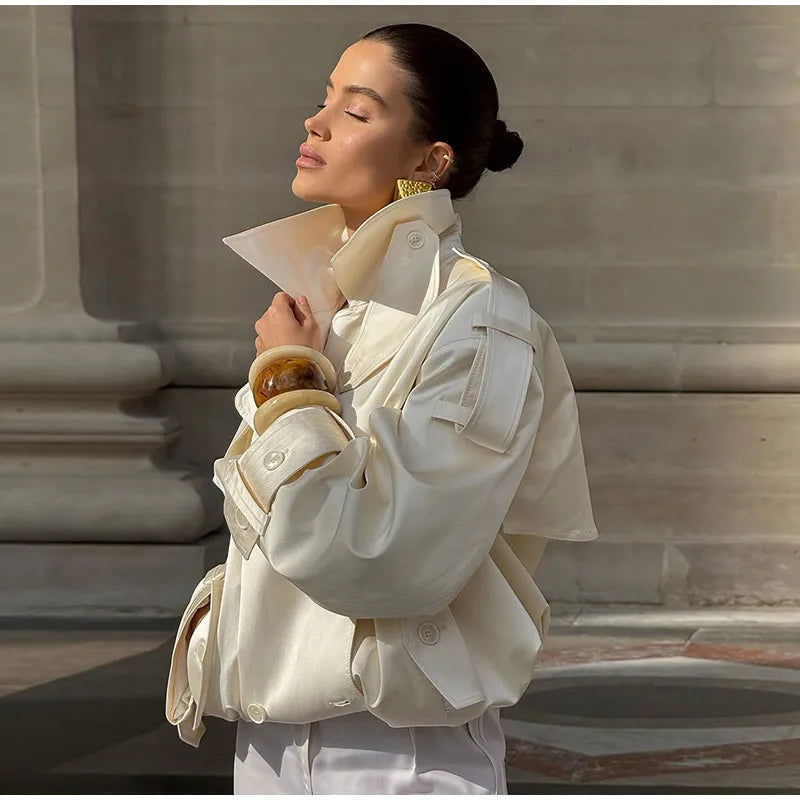 Fashion Cropped Trench Coat Women Elegant Solid Lapel Lace Up Double-breasted Windbreaker Jacket Autumn Lady Chic Street Outwear