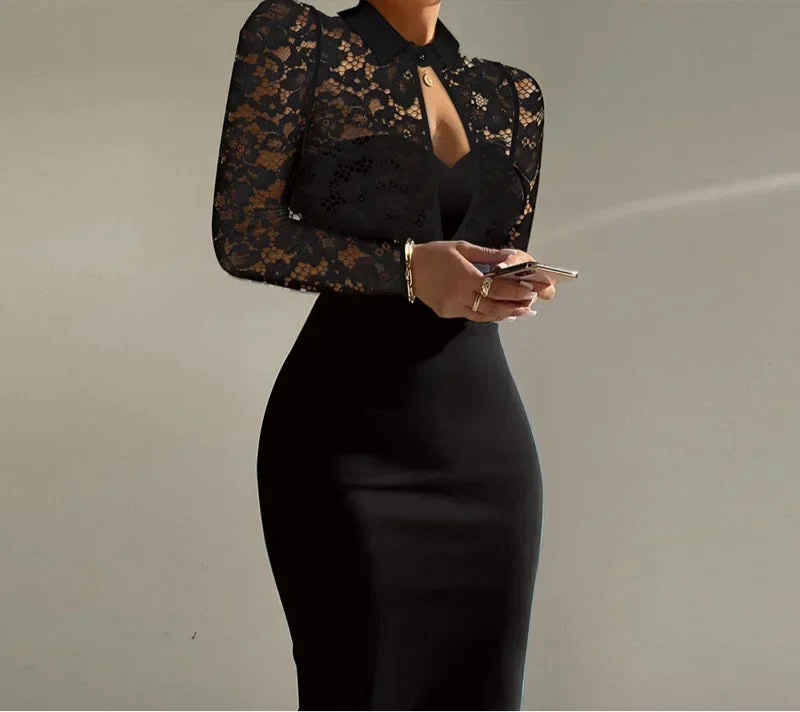 Women's Clothing Lace Splicing Long-sleeved Slim Long Dress High Waist Fashion Casual