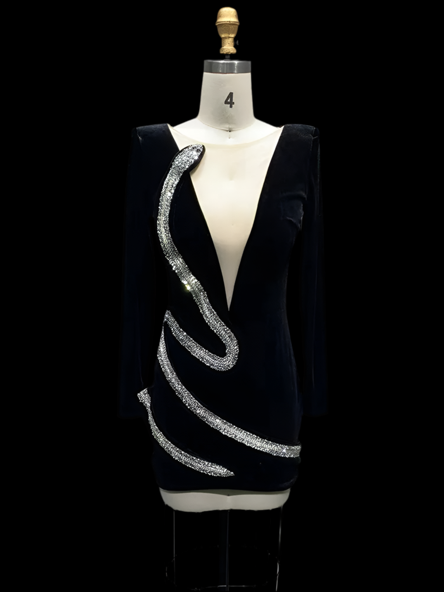 Women Classy Sexy Long Sleeve Mesh Snake Dianonds Black. Velvet Mini Bodycon Custume Dress. Elegant Party Performance Dress