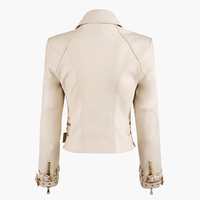 Leather  jacket female Locomotive style double breasted pu leather outerwear leather jackets, zipper stitching.