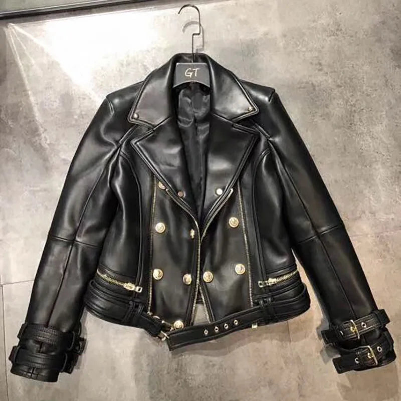Leather  jacket female Locomotive style double breasted pu leather outerwear leather jackets, zipper stitching.