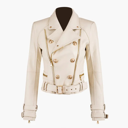 Leather  jacket female Locomotive style double breasted pu leather outerwear leather jackets, zipper stitching.