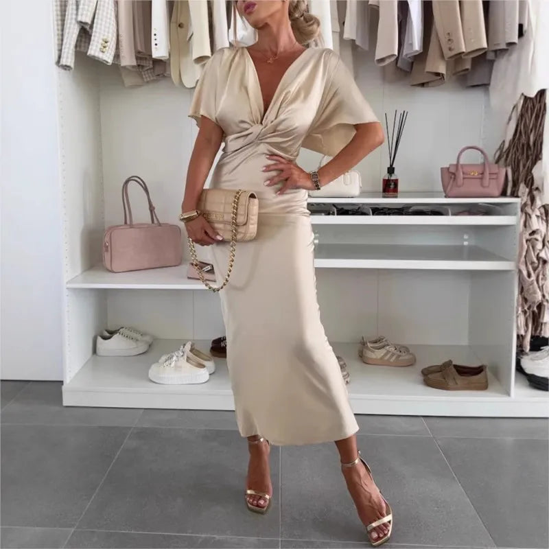 Fashion Sexy Satin Dress Women's Batwing Short Sleeve Wrap V-neck Twist Bodycon Midi Long Dresses Party High Street Dresses