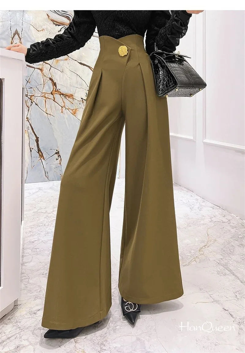 Elegant Office Lady Wide Leg Pants Design Flower Button High Waist Pantalones Baggy Spring Summer Straight Spodnie New